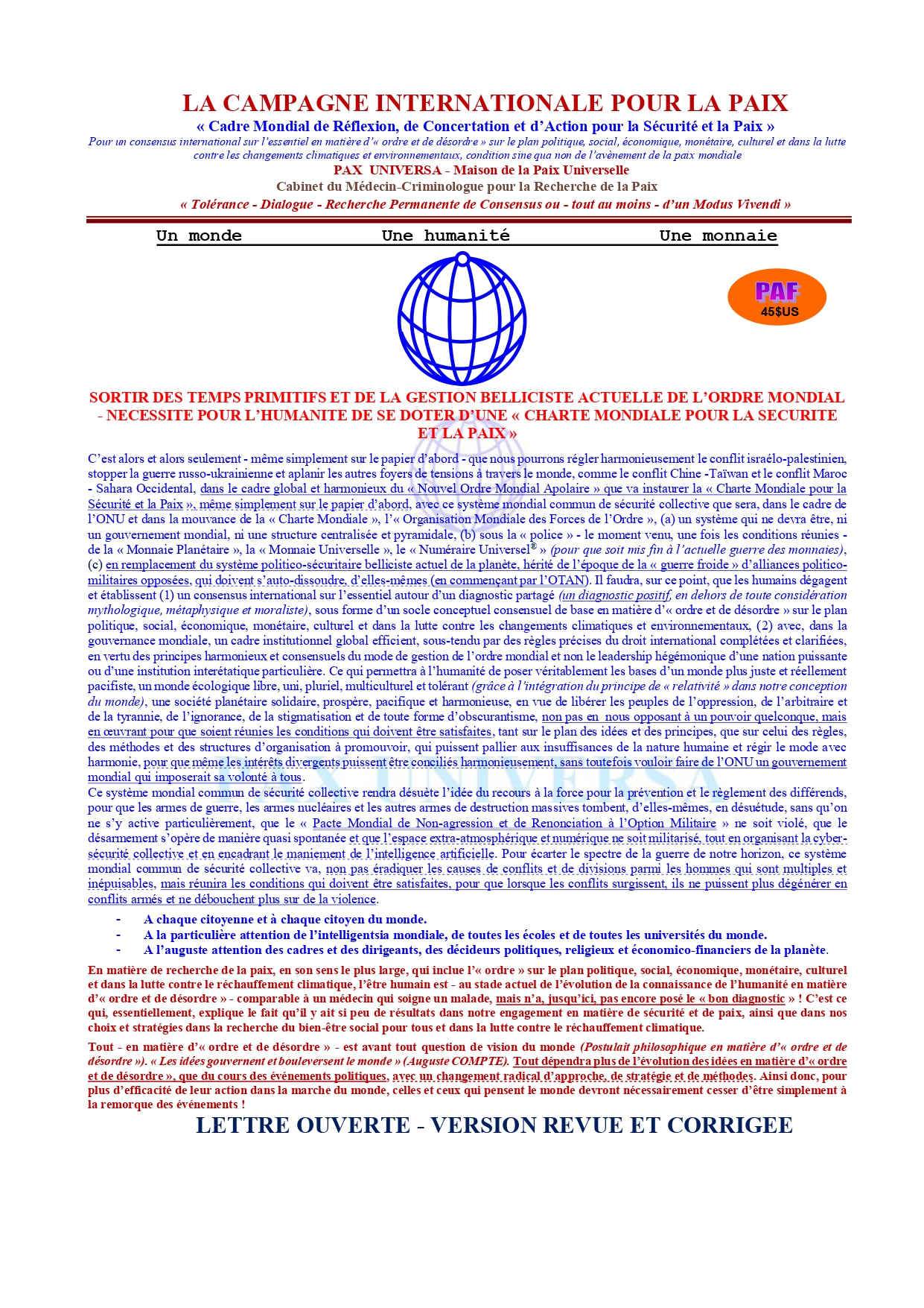 Sortir des temps primitifs et de la gestion belliciste actuelle de l’ordre mondial - Nécessité pour l’humanité de se doter d’une Charte Mondiale pour la Sécurité et la Paix (Livre numérique 593 pages - Grand format)